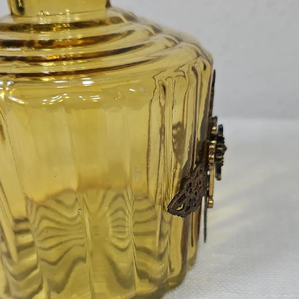 Vintage Yellow Glass Decorative Bottle with Metal Cross Accent  Bud Vase 5"x3.5" - Picture 6 of 9